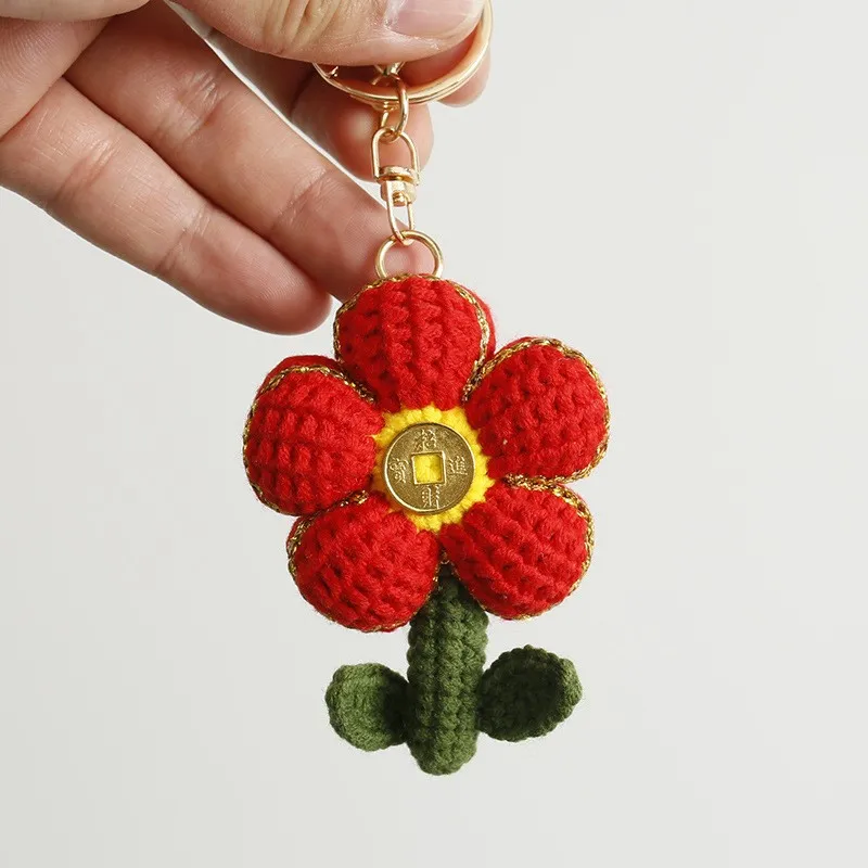 Funny Gold Coin Flower Crochet Keyrings Creative Knitting Colorful Flower Pendant Keychain Cute Floral Knitted Keys Accessories