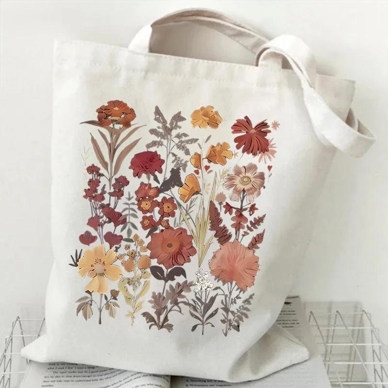 Floral Moon Women Shopping Tote Bags Canvas Large Capacity Student Casual Plant Style Shoulder Bag Wild Flower Women Handbags