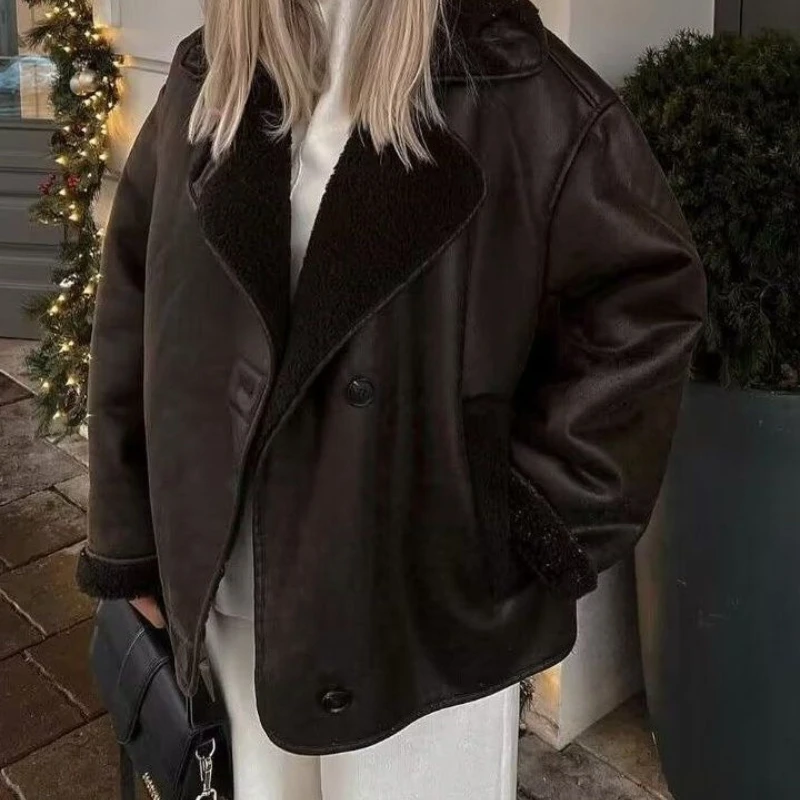 

Lapel Warm Jacket Autumn and Winter Leisure Artificial Fur One Lazy Wind Loose Women's Coat