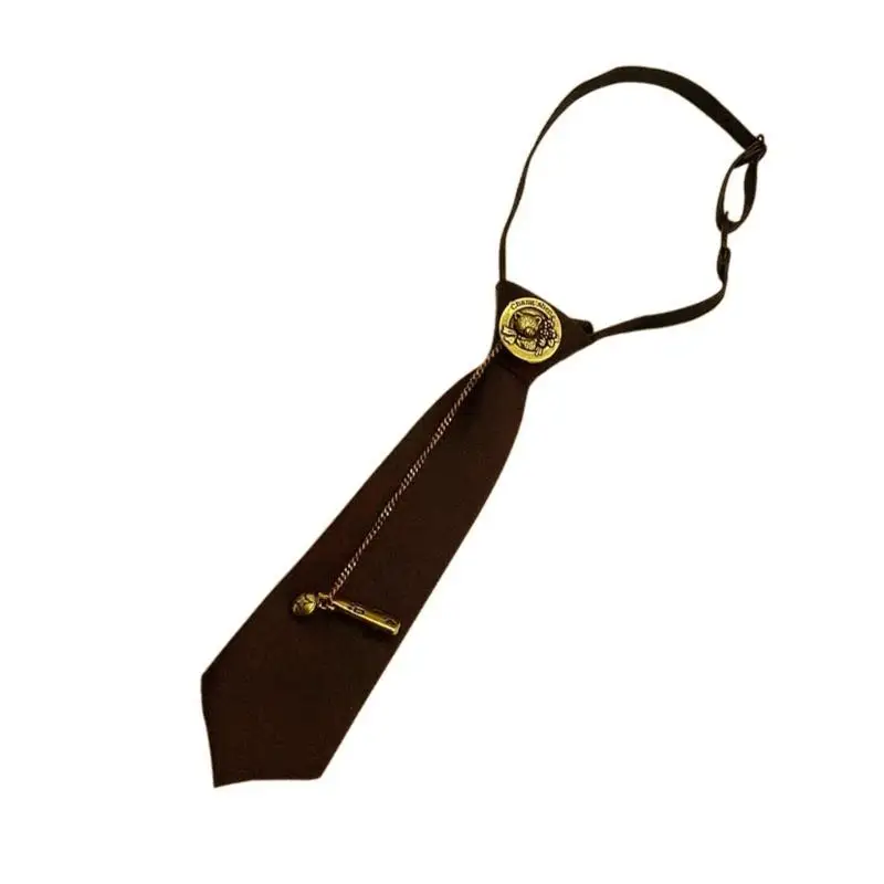 39BD Elegant Vintage Neck Tie with Metal Bear Badge Japanese Preppy Pre Tied Necktie Neckwear for Women Men Student Uniform