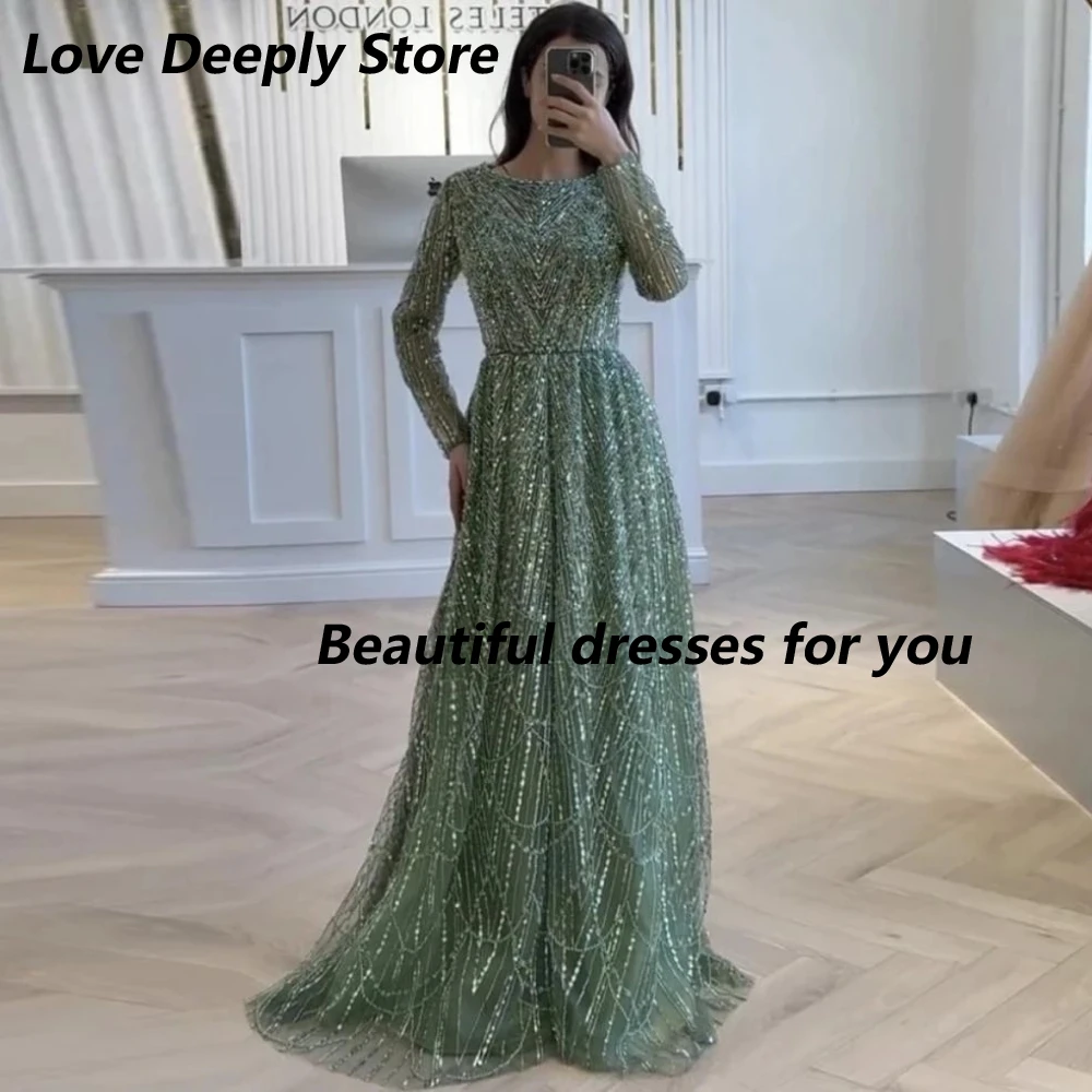 Glitzerndes grünes Abendkleid, maßgeschneidert, O-Ausschnitt, lange Ärmel, Perlenstickerei, Kristall, luxuriöse Ballkleider, bodenlanges A-Linien-Partykleid