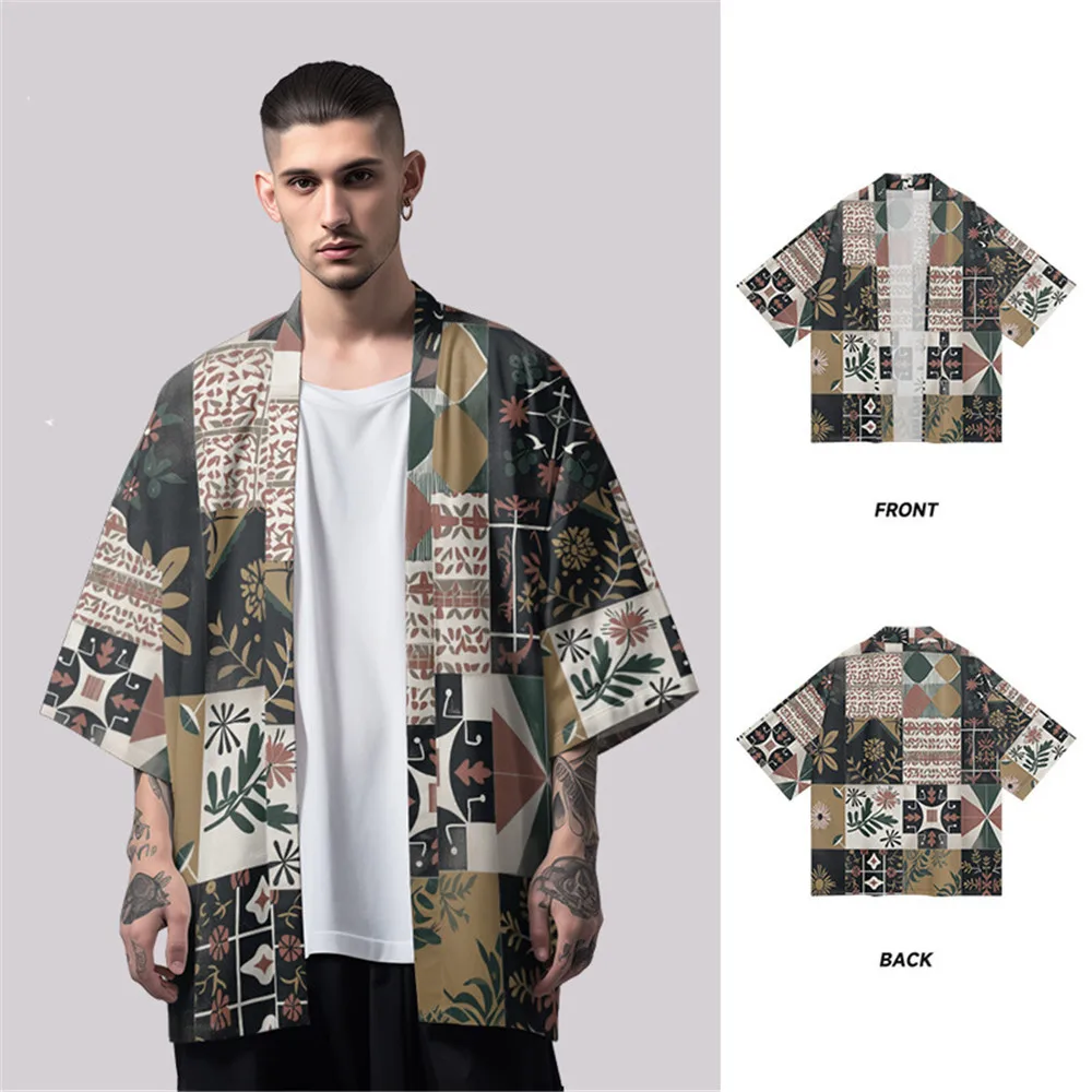 

Oversized Cardigan Kimono Summer Beach Print Men's Japanese Samurai Haori Robe for Cosplay Streetwear Black Tops Yukata