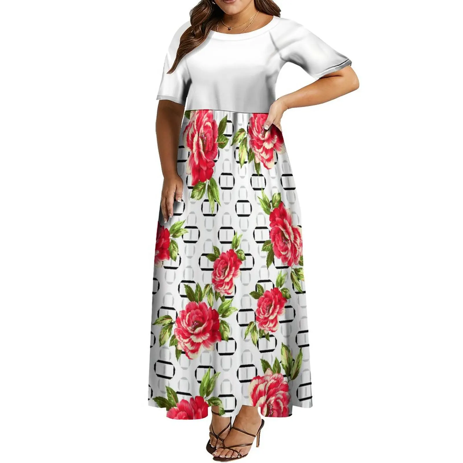 Vestido de cuello redondo para mujer, elegante vestido de noche de cóctel con estampado Floral y camisa polinesiana para hombre, traje de pareja