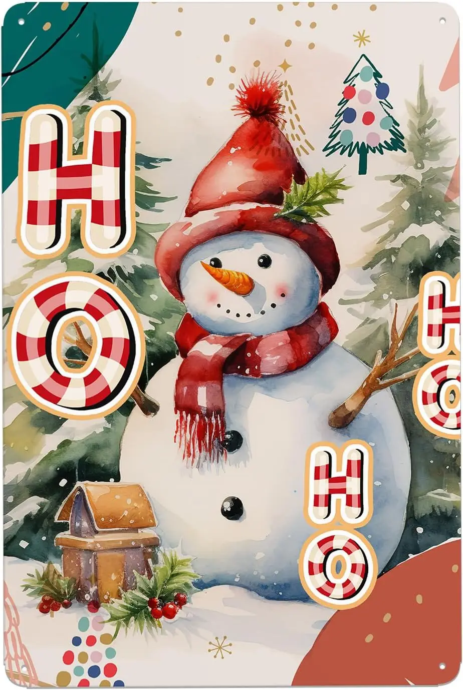 snowman tin sign christmas plaid cute joy merry christmas roof sign board town photo square,white,12x8 Inch