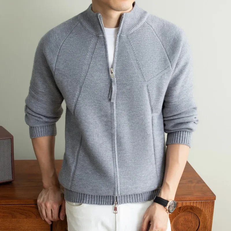 Men Knitted Cardigan Thickened Double Zippers Stand Collar Warm Sweaters Crochet Pattern Casual Stretch Soft Fabric Sweater Coat