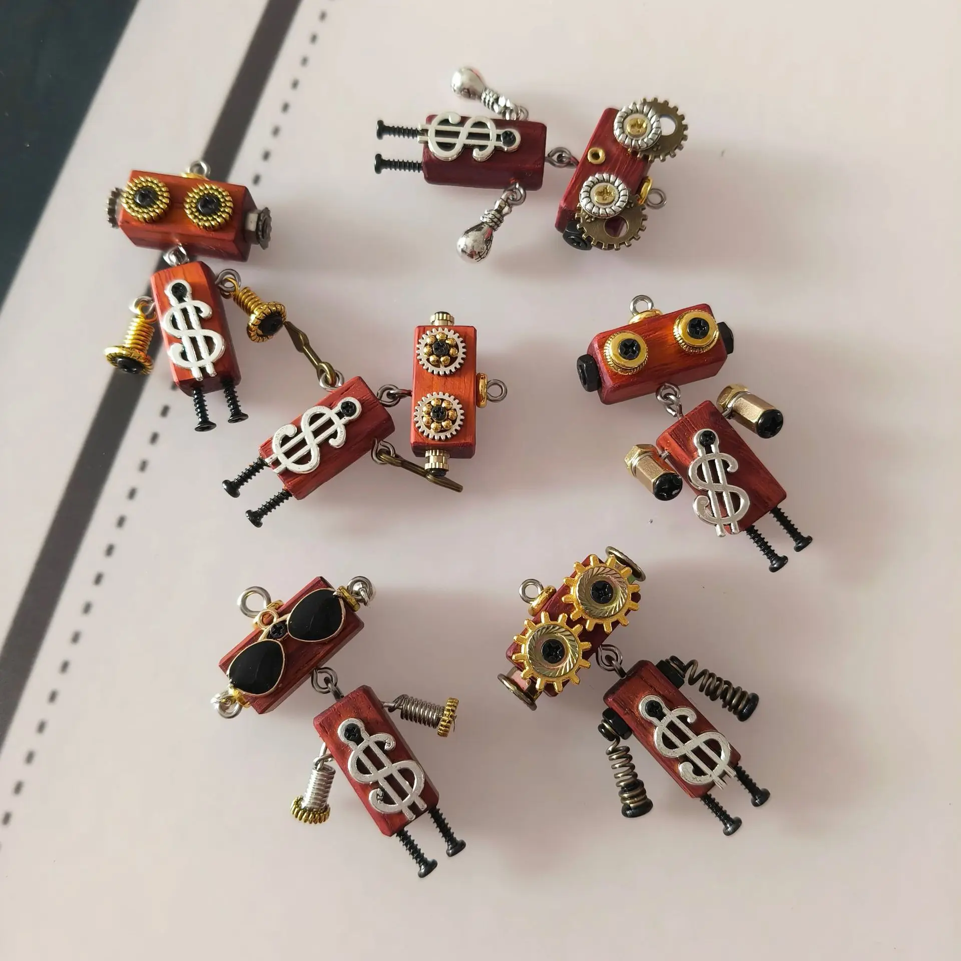 Handcrafted Punk Wooden Robot Pendant for DIY Necklace Keychain Accessory