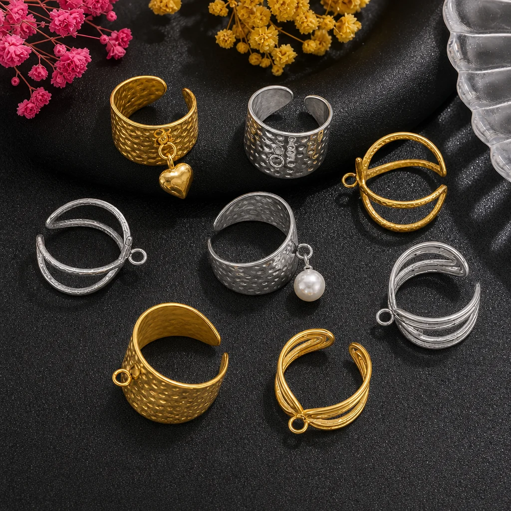 5 Stück Edelstahl Gehämmerte Breite Ringe, Verstellbare Offene Ringrohlinge mit Ösen für DIY Schmuckherstellung Zubehör – Detail 2