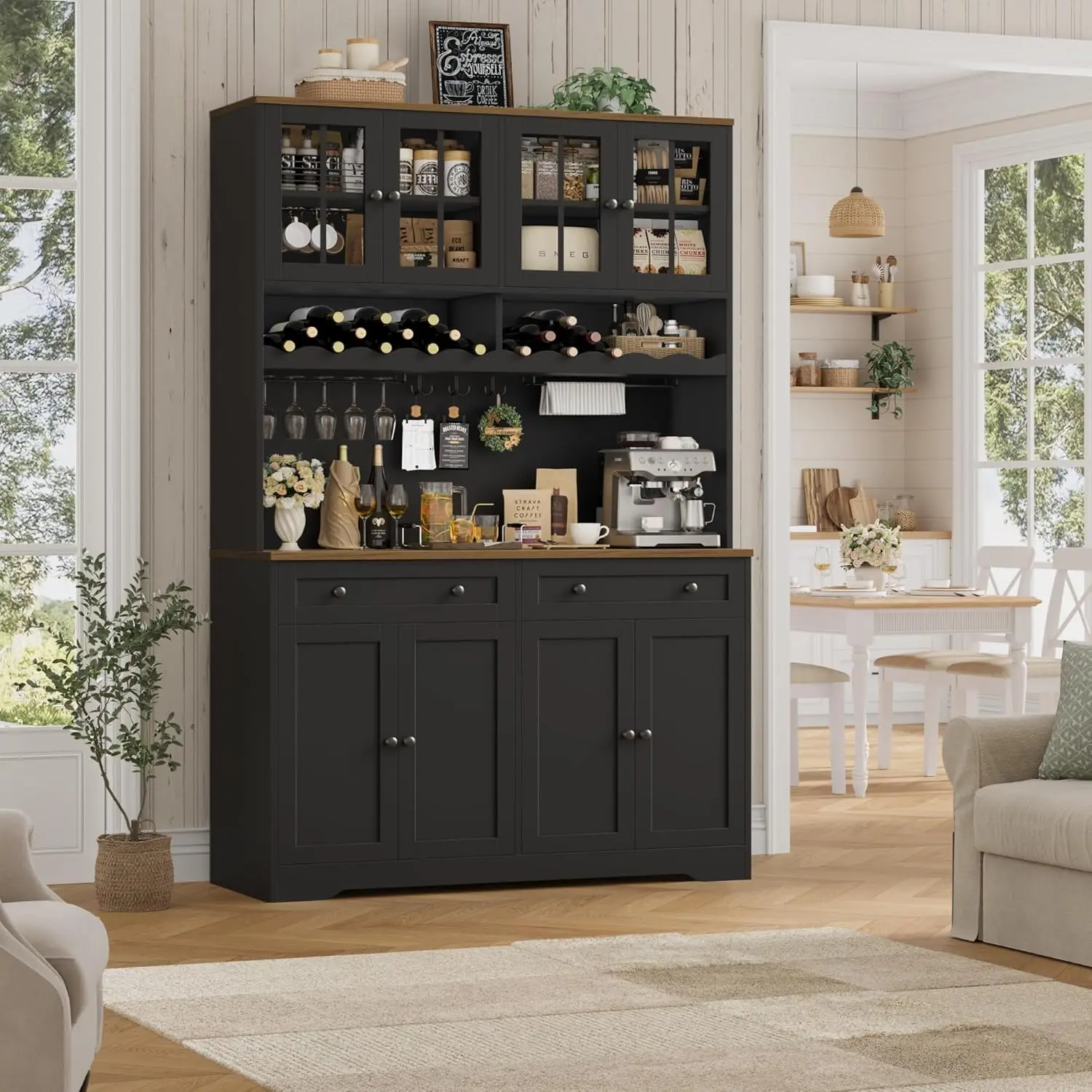 高さ75.4フィートのキッチンパントリーキャビネット、充電ステーション付き、ホワイトハッチ、電子レンジスタンドとワインラック付き