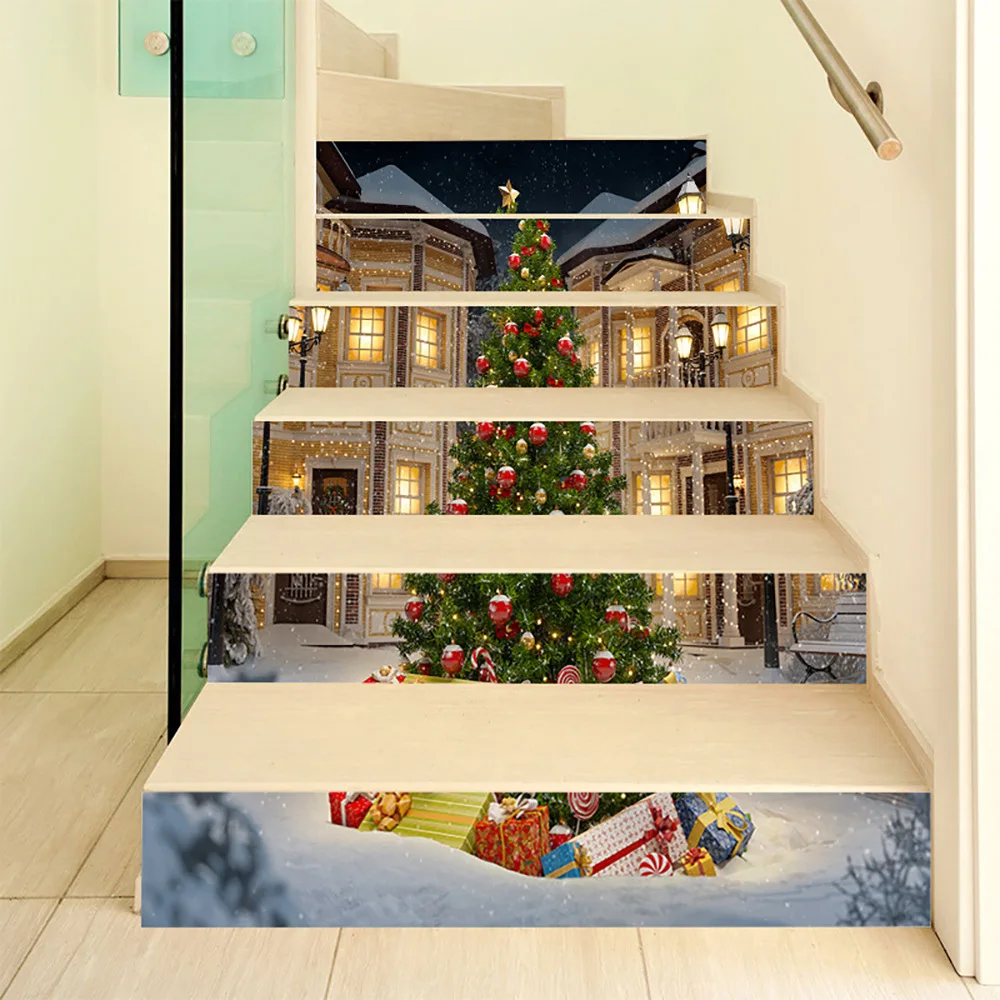Christmas Stair Riser Stickers 6Pcs 100x18cm Vinyl Xmas Tree Snow House 3D View Decals Removable DIY Home Staircase Winter Decor