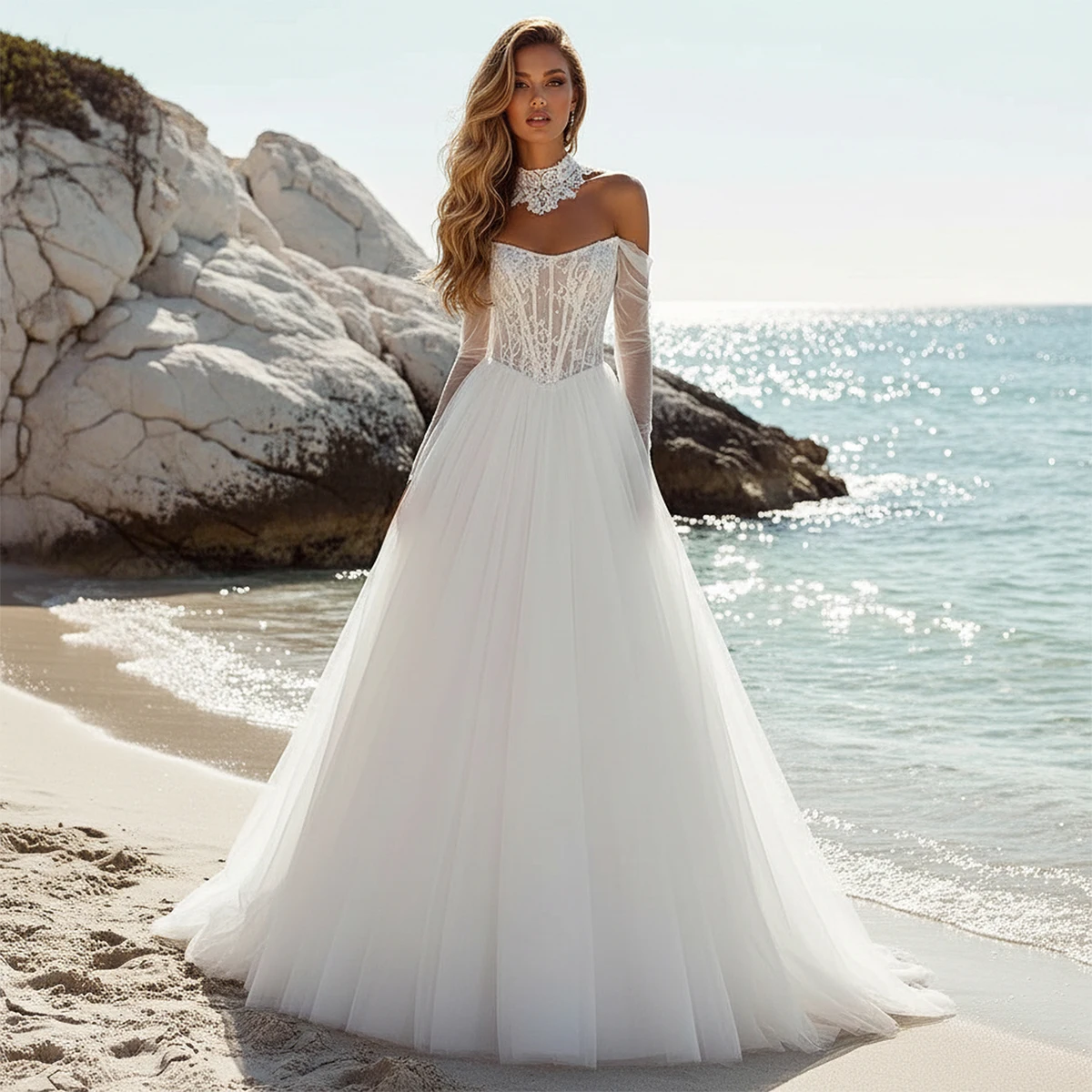 

Elegant Tulle Off Shoulder Ball Gown Wedding Dress For Women Long Sleeve Appliques Bridal Party Gown Vestidos Novia