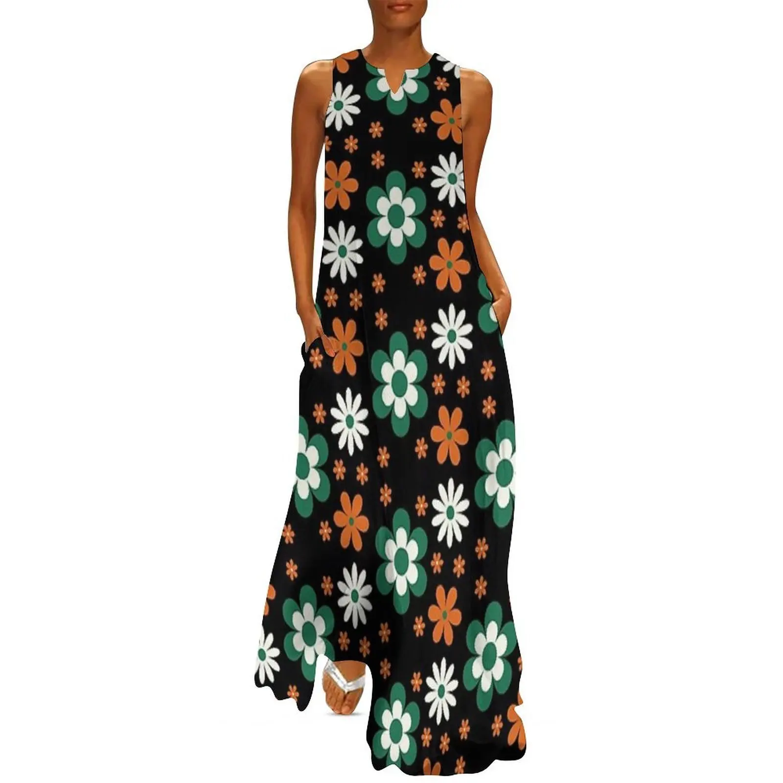 

Mod style Flower power groovy retro 60s inspired black green orange and white floral Long Dress women's summer dresses 2025