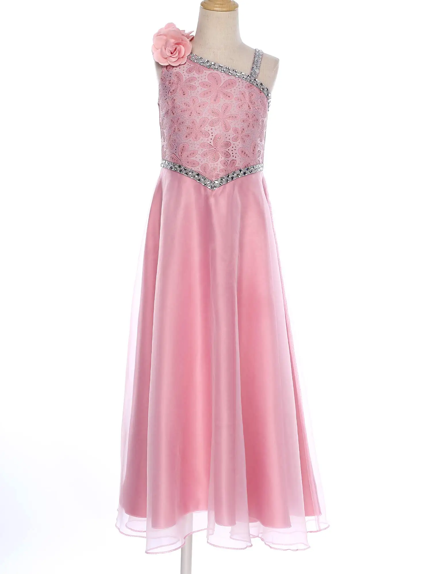 

Girls Sweet Flower Girls Long Dress One Shoulder Single Fake Flower Floor-length Tulle Dress for Graduation Prom Wedding Party