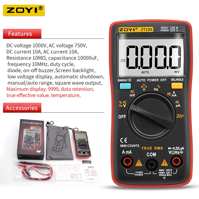 Imagem -06 - Zoyi-multímetro Elétrico Digital Testador de Tensão Atual True Rms Auto Ranging Medidores Lcd Zt109 111 6000 Contagens