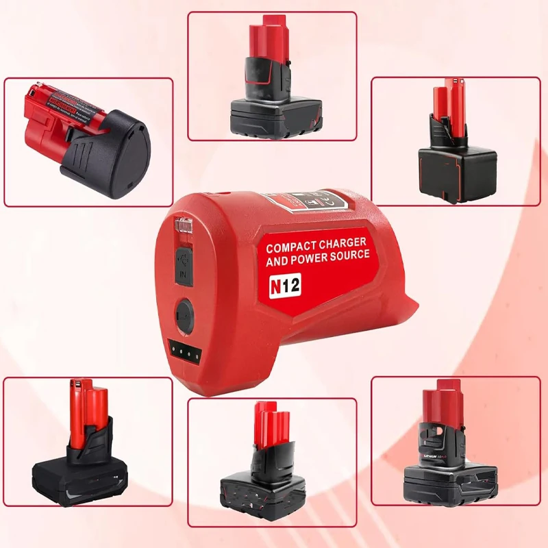

Battery Charger Adapter Compatible for Milwaukee 12V New M-12 Lithium Battery with USB and DC Ports Portable Power Adapter