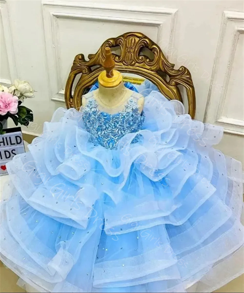 فستان فتاة الزهور من التول المكشكش لحفلات الزفاف للأطفال الصغار مزين بالخرز مع فيونكة فستان حفلة عيد ميلاد الأميرة مخصص #3