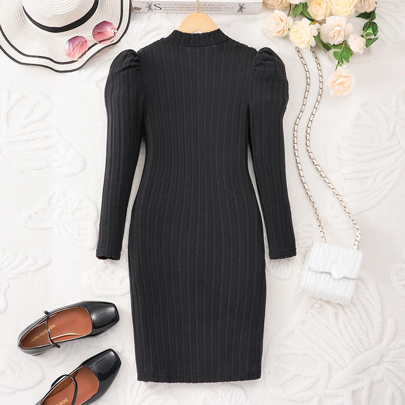Autumn And Winter Women's And Children's Casual Cute And Elegant Small High Necked Lantern Sleeves Solid Color Dress
