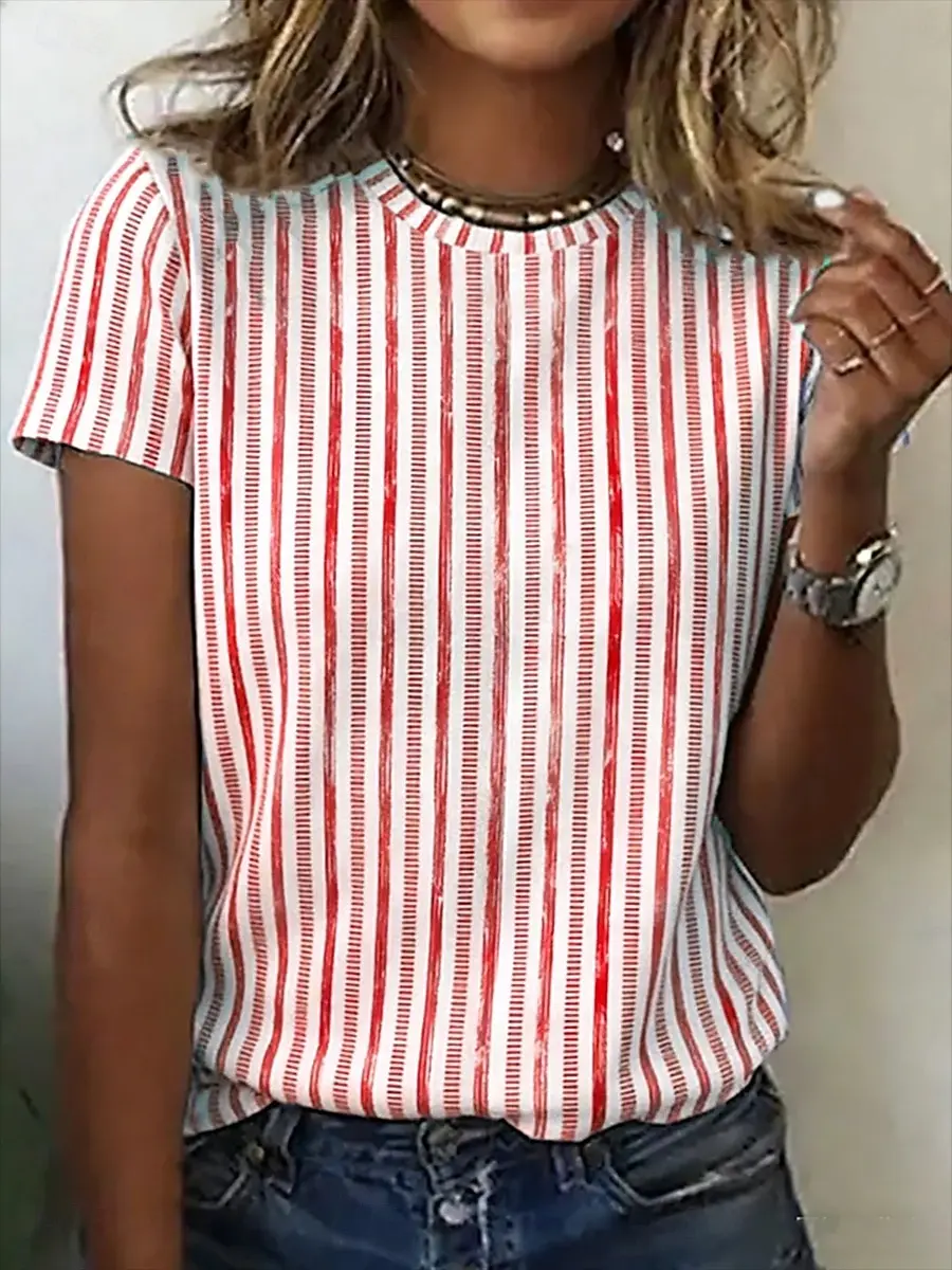 Camiseta informal con estampado de rayas verticales, camiseta de manga corta con cuello redondo para mujer, para viajes de verano y atuendos diarios