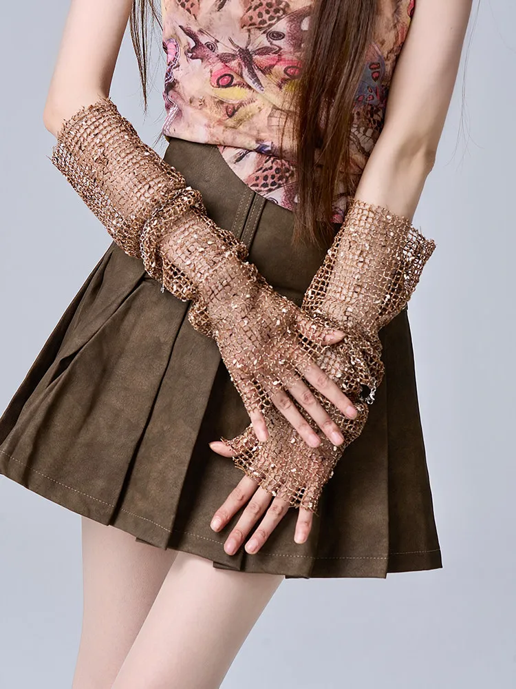 

Sleeves Women's Summer Thin Retr Hollowed Fishing Net Arm Cover Sleeves Y2k Sequined Hand Sleeves