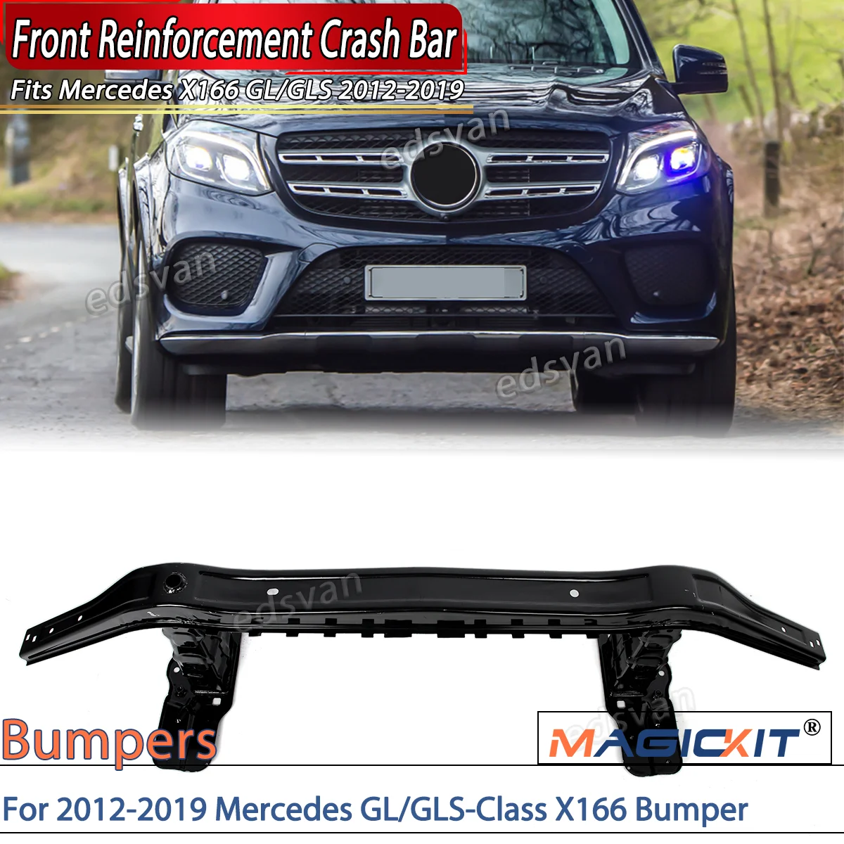 MAGICKIT Front Bumper Reinforcement Impact Bar For 2012-2019 Mercedes GL/GLS-Class X166 Bumper Reinforcement Black Accessories