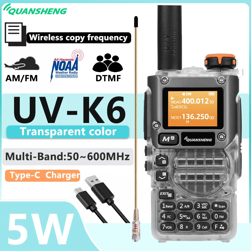 New Quansheng UV-K6 UHF VHF Walkie Talkie UV-K5(8) Full Band Type-C Scrambler NOAA Wireless Copy Frequency Transparent Ham Radio