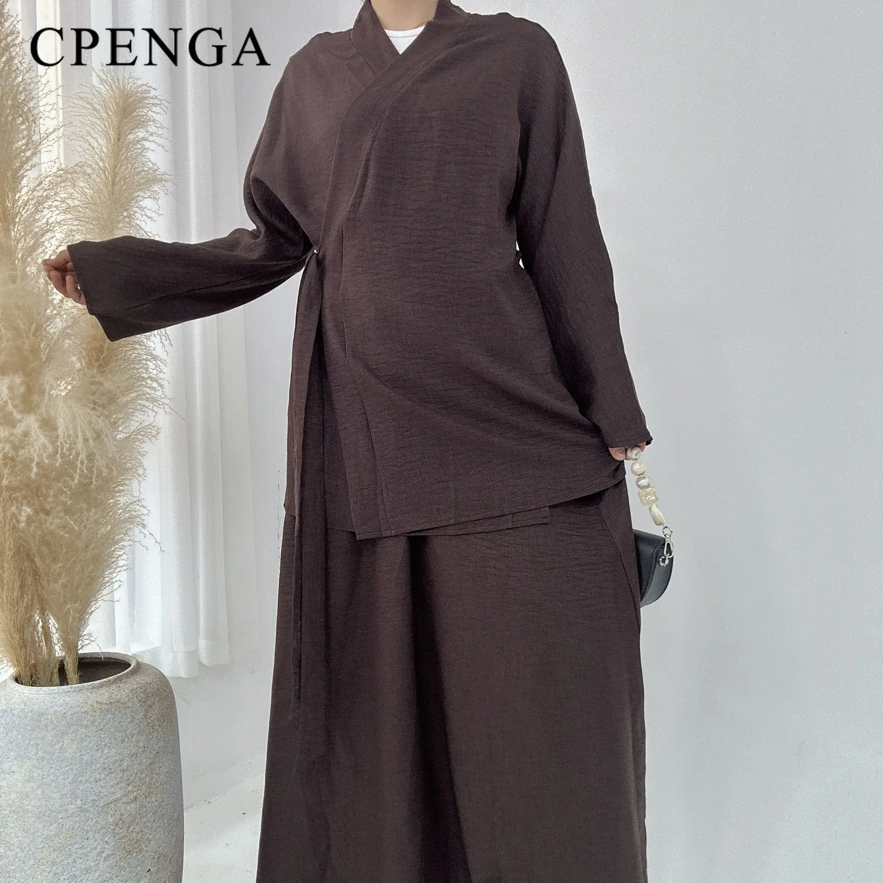 

2024 Middle East Elegant Cotton Modest Muslim Sets for Women Eid Arab Dubai Dress Luxury Islam Solid Color Top and Skirt Suits
