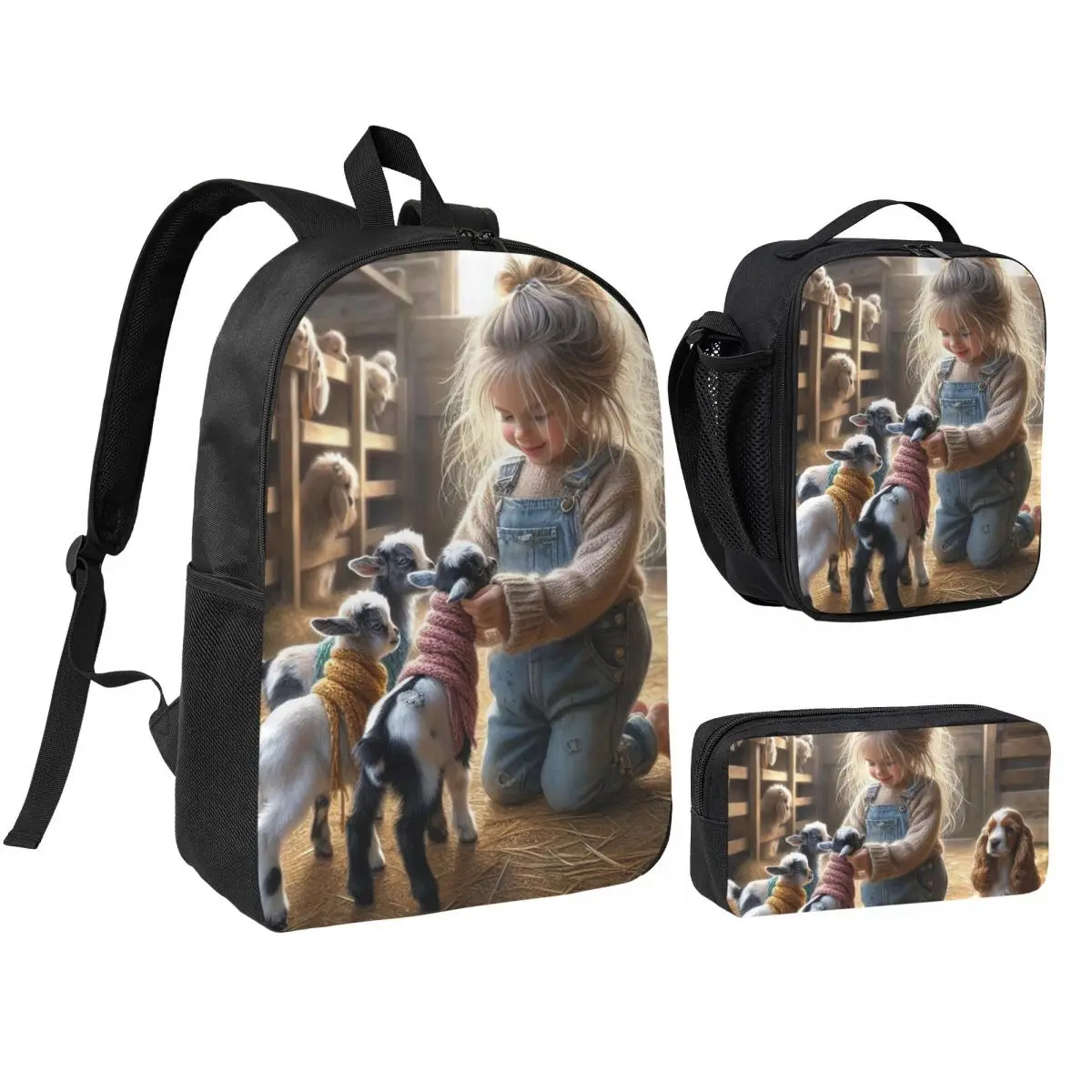 Farm Scene Little Girl And Lamb Backpack Boys Girls BookBag School Bag Shoulder Bags 3ps Insulated Lunch Bag Pencil Case