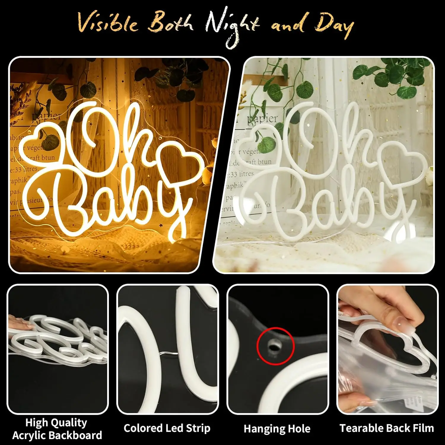 Oh Baby Heart Shaped Love Neon Sign Romantic LED Light for Bedroom Wedding Nursery Decor Valentines Day Gift White Glow Wall Art