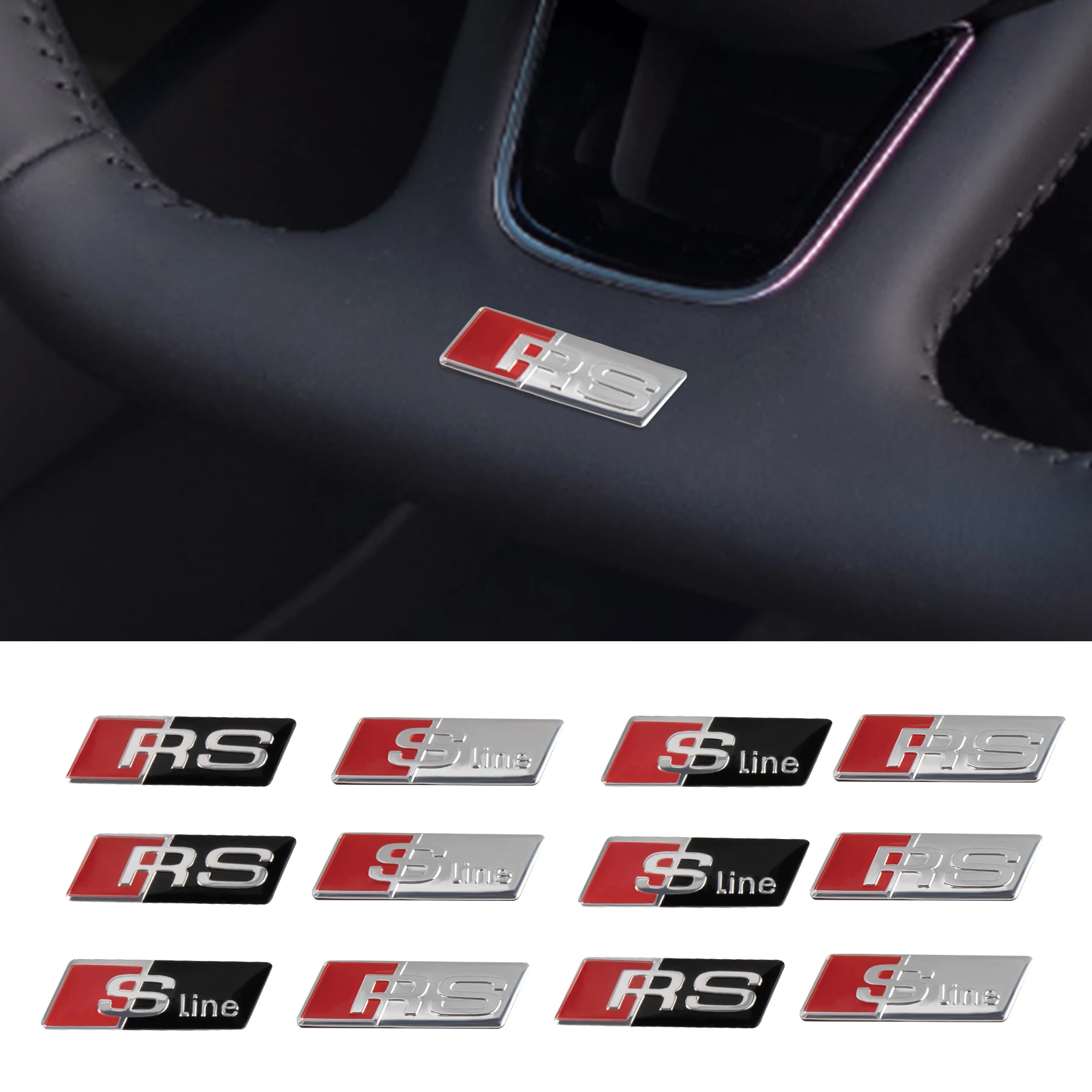 Image of 10 Stück 3D Aluminium SLINE RS Abzeichen Auto-Lenkrad-Aufkleber Auto-Innenraum-Emblem Dekorationszubehör für Audi A3 A4 A5 A6 A7