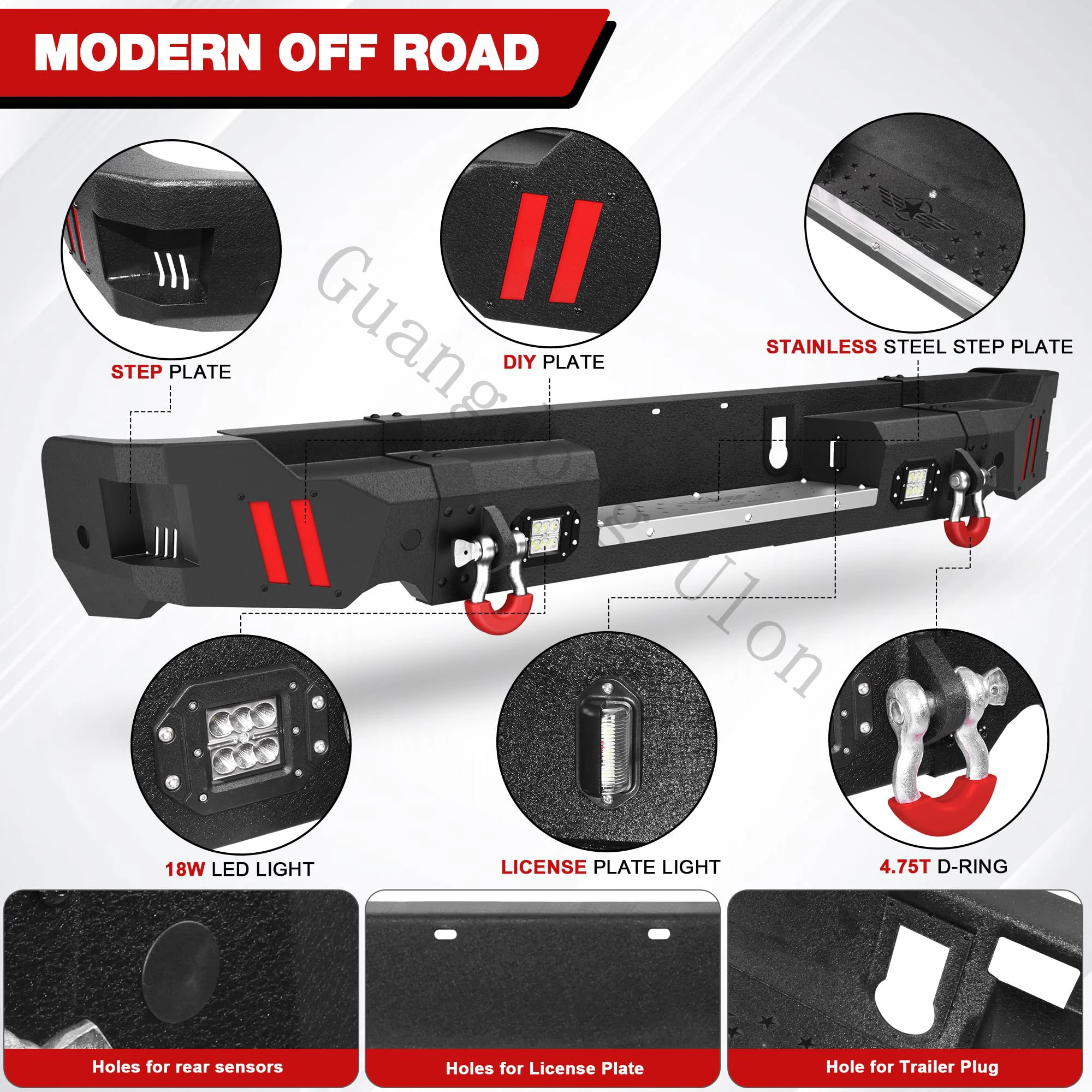 Rear Bumper Fit Ram 1500 2019-2023, Pickup Truck Bumper  with Step Plate, Lights, Sensor Holes and D-rings (Exclude Classic)
