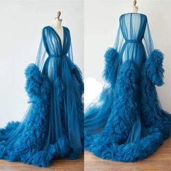 Sexy Chic Bridal Fluffy Tulle Robes Custom Made Maternity Tulle Dressing Gown For Photo Shoot Women Long Sheer Tulle Dress