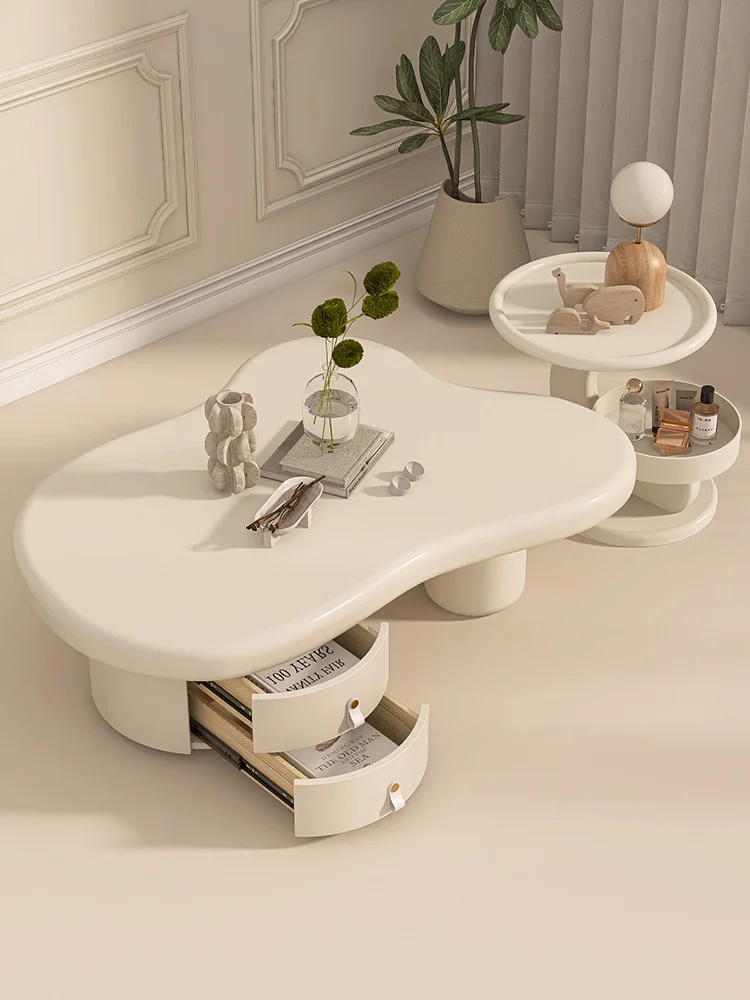 HHFrench White Cream Wind Cloud Coffee Table Special-shaped Irregular Coffee Table Wabi Sabi Wind Household Living