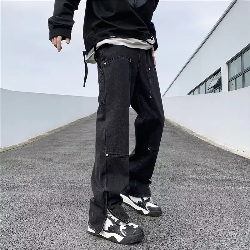 Jeans male restoring ancient ways is popular logo ins high street open fork leg loose straight zipper wide-legged pants