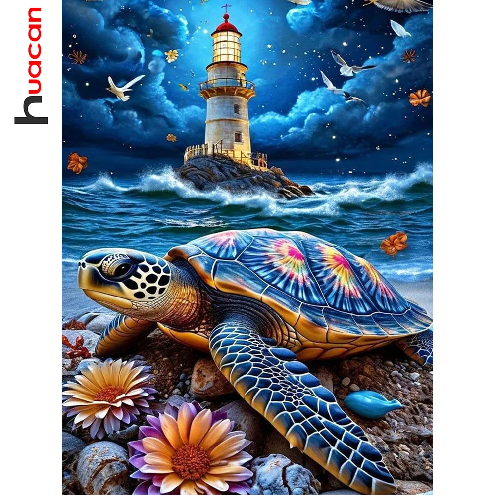 Huacan Diamantmalerei Meeresschildkröte Leuchtturm Diamant-Mosaik Tier-Landschaft Komplettes Set Wanddekoration