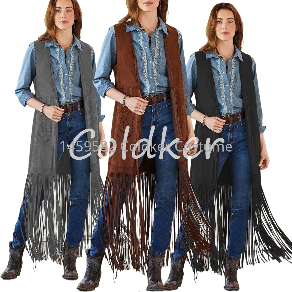 

New Womens Vest Coat Suede Faux Fur Ethnic Sleeveless Long Princess Vests Tassels Fringed Rivet Fashion Cardigan