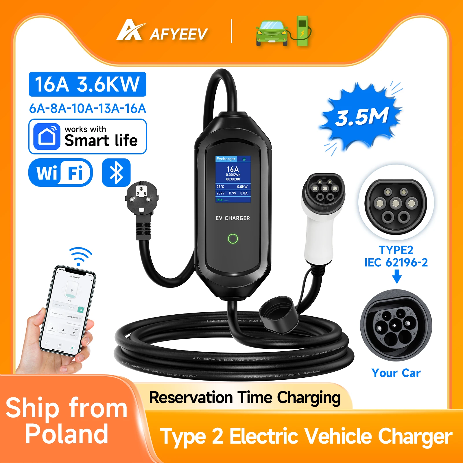 AFYEEV 3600W Portable Electric Car Charger Type 2 IEC62196-2 Charging Cable EV Charging Station Wallbox EVSE Electric Charger