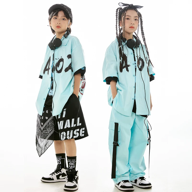 Summer Kids Hip Hop Dance Clothes Girls Loose Shirt Pants For Boys Jazz Street Dance Performance Costume Sky Blue Suit BL12857