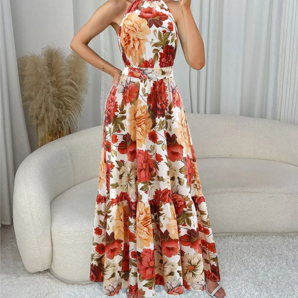 

Summer Dress Elegant Vestidos Fresh And Sweet Dresses 2025 Woman Mini Vestido Halter Neck Printing Backless Flower Beachwear