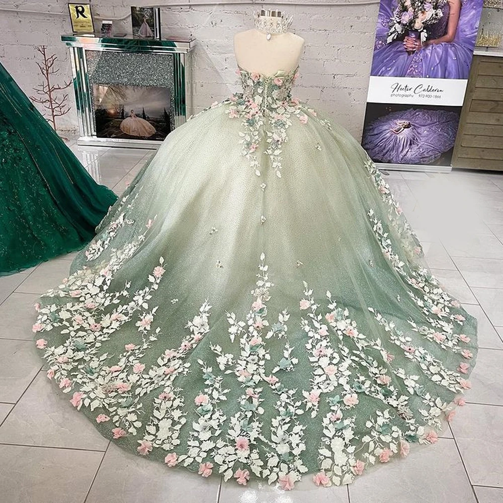 

Light Green 3D Applique Quinceanera Dress Prom Dress Sleeveless Applique Corset Sweet 15 Years Girl Birthday Party Dress