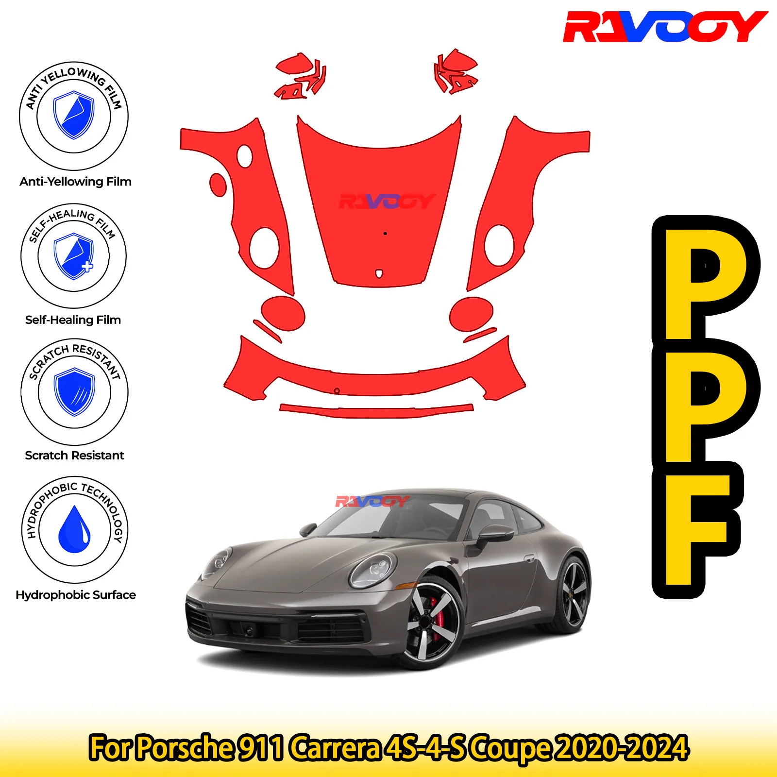 

For Porsche 911 Carrera 4S-4-S Coupe 2020-2024 Glossy Matte Black Precut front PPF Kit Paint Protection Film