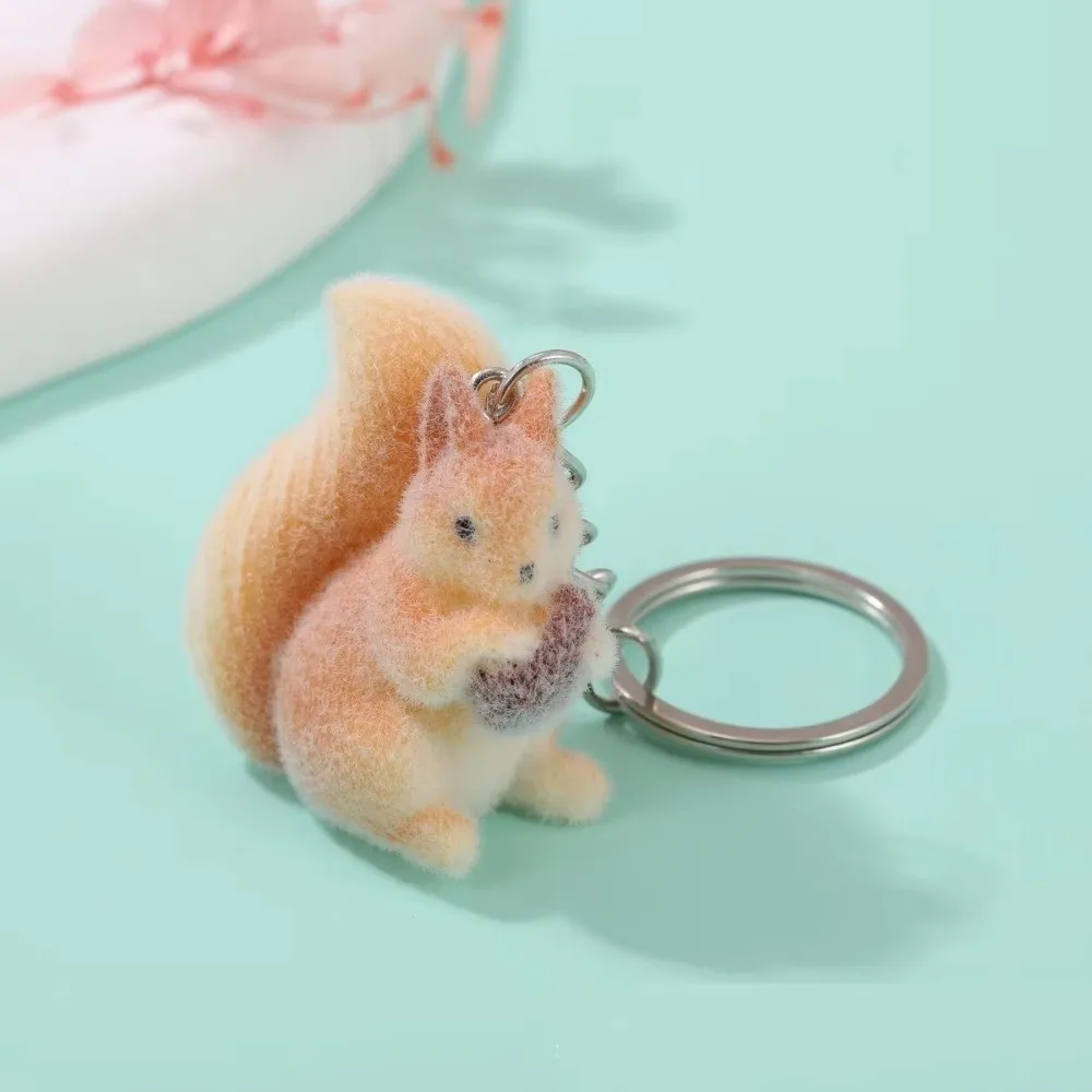 Cartoon 3D Flocking Squirrel Pendant Handmade Craft Supply Mini Cartoon Squirrel Charm Surface DIY Charm Pendant Bag Accessory