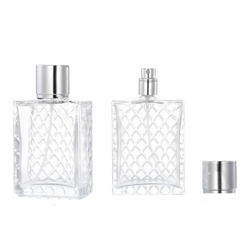 12pcs Glass Perfume Spray Bottle 50ml Silver Lid Clear Square Container Packaging Atomizer Empty Fragrance Refillable Bottles