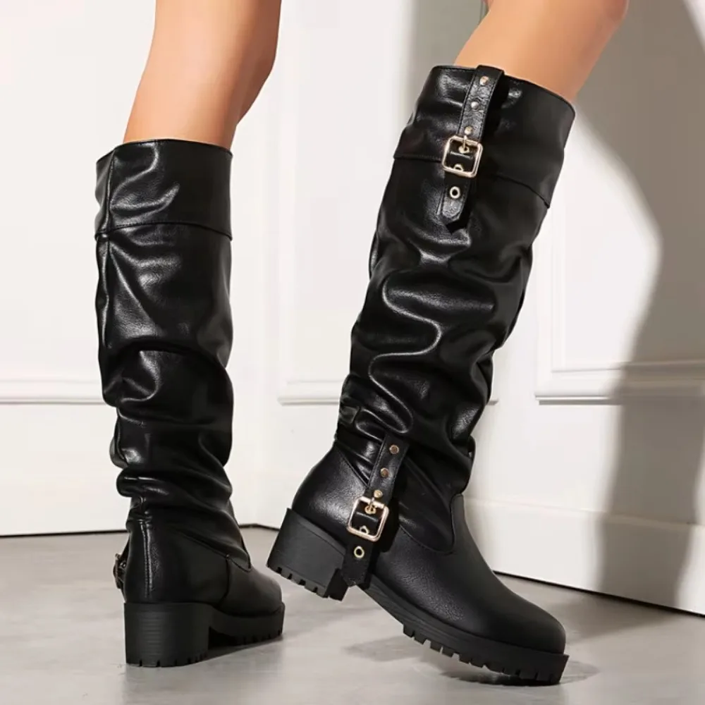 Women Knee High Boots Black Stacked Ruched Leather Block Heel 4.5cm Platform Metal Buckle Fall Winter Riding Long Boots