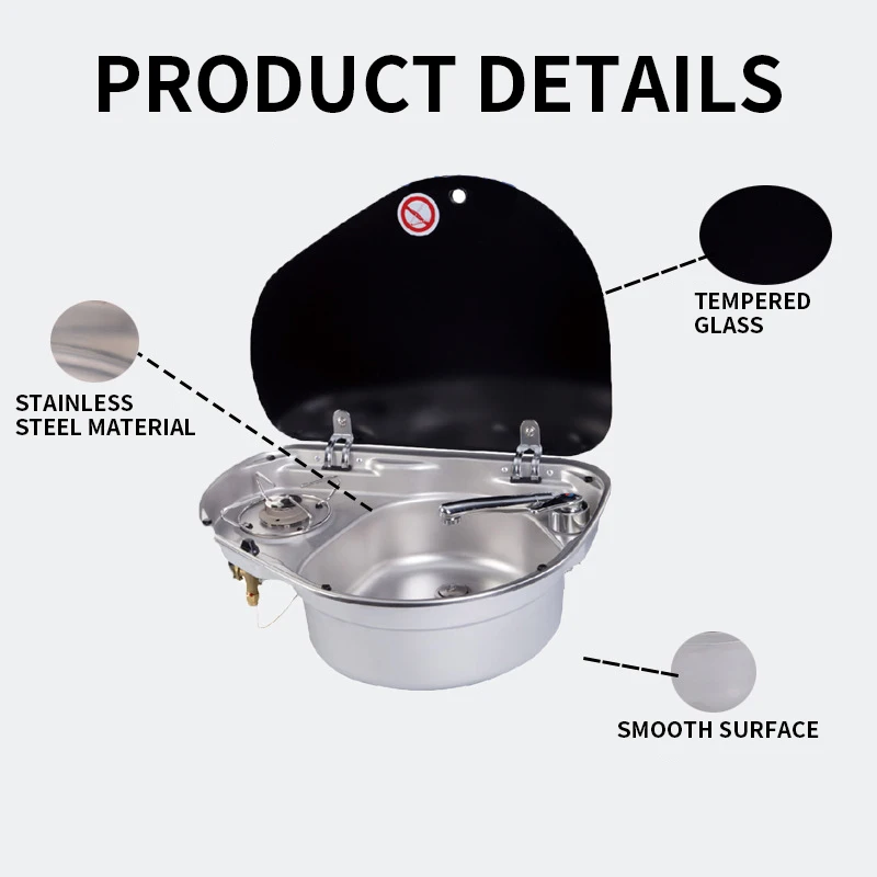 Stainless Steel Gas Stove With Tempered Glass Cover for RV and Yacht With Basin, Left and Right Optional GR-600L/R