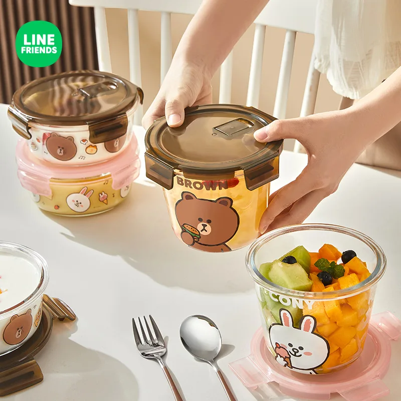 

LINE FRIENDS Brown Cartoon Glass Lunch Box with Lid Microwaveable Soup Bowl Anime Kawaii Cony Household Preserving Bento Bowl