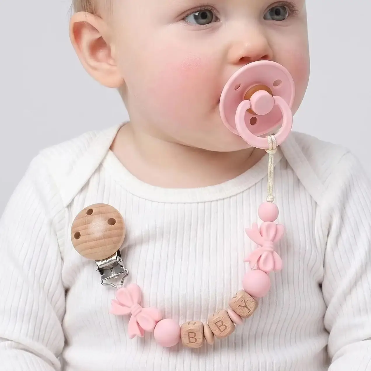 Personalized Name Pacifier Clip Chain for Baby Girl BPA Free Silicone Beech Wood Dummy Clip with Bow Anti-lost Soother Holder