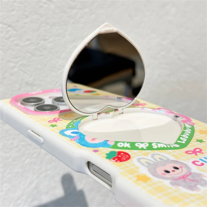 Kawaii الكرتون الأرنب ثلاثية الأبعاد قضية الهاتف المحمول آيفون 16 برو 15 14 13 برو ماكس غطاء مع الحب مرآة حامل حامل حالات سحرية