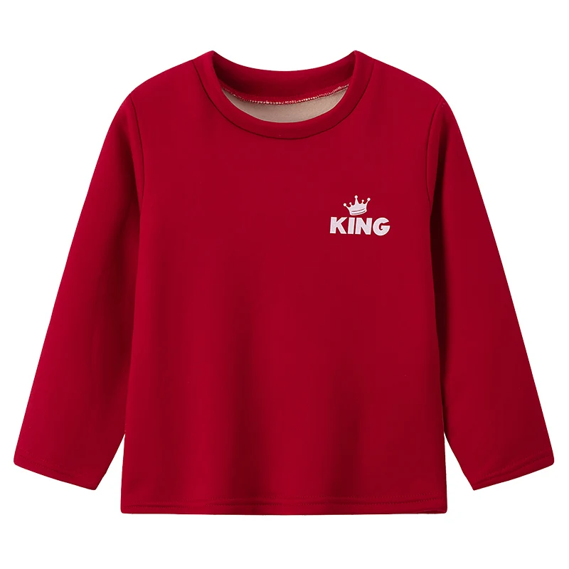 Autumn And Winter Children\'s Solid Color KING Letter Plus Velvet Long-sleeved Shirt Boy Casual Joker Thick Sweater Girl Sports T