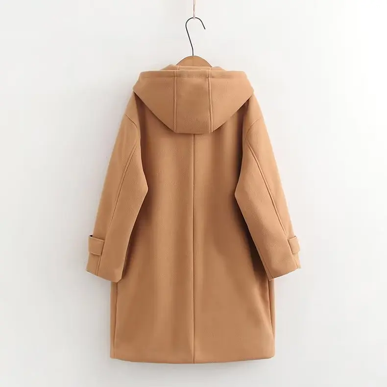 Japan Style Solid Color Horn Button Single Breasted Hooded Wool Blends Long Coats Women Winter Long Sleeve Casual Hoodie Jacket