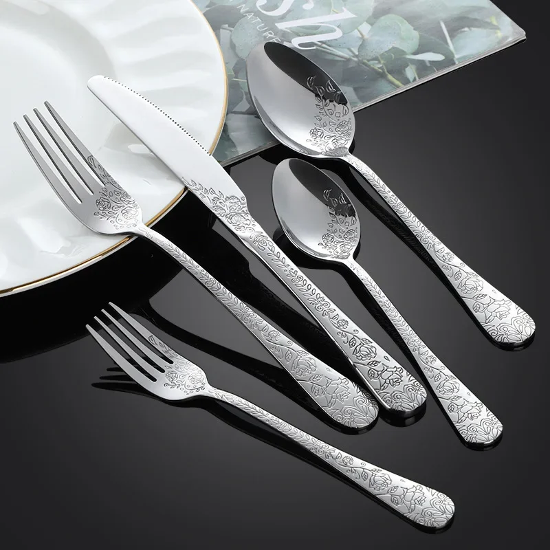 Wholesale 5 Piece Set. Stainless Steel Cutlery Golden Western Steak Knife Fork 410 Tableware Creative Printing Kitchen Dining