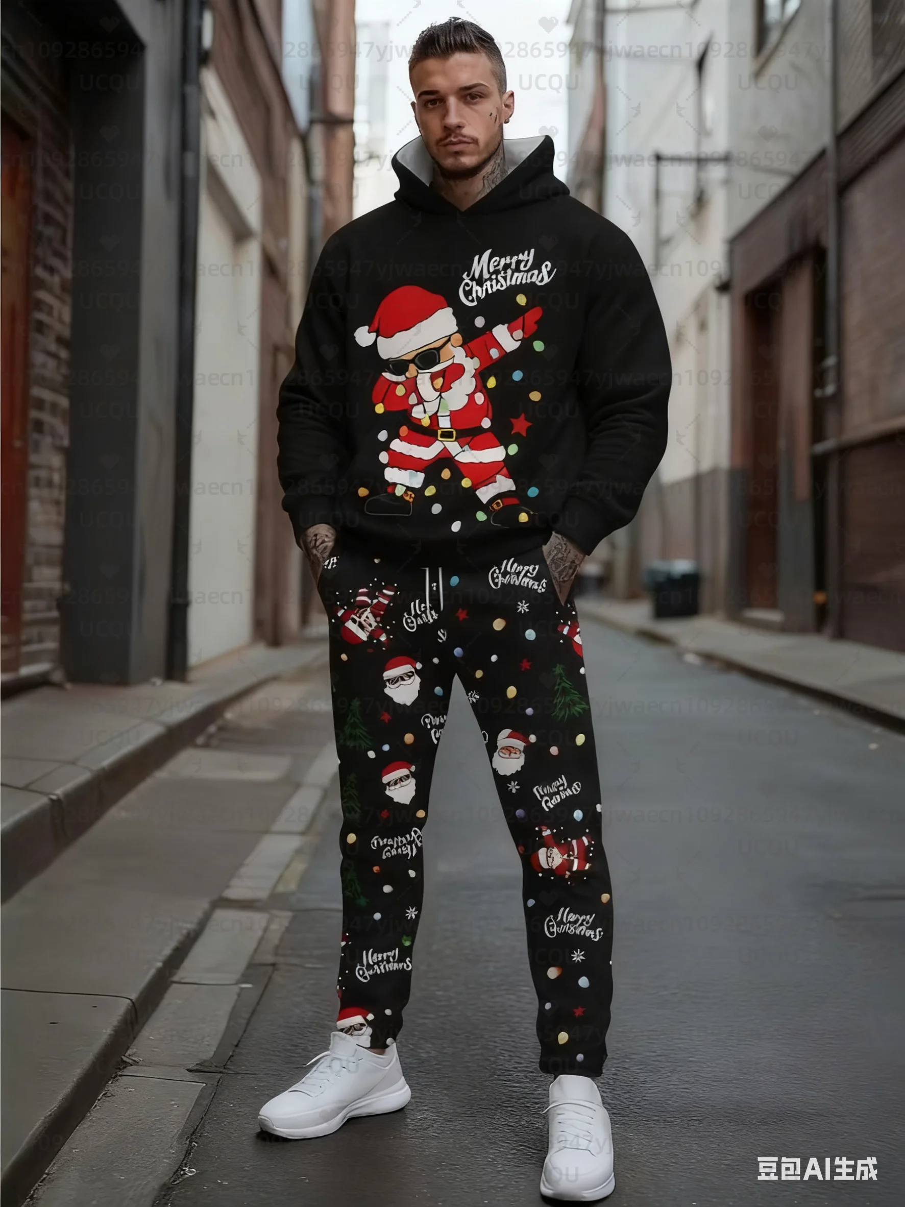 

Men'S 3D Print Hoodie & Sweatpants Set Festive Santa Claus & Snowflake Green Casual Sportswear Spring & Fall Sportswear